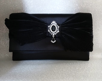 Envelope Black  Evening Clutch Bag For Bride Or Bridesmaid,Satin Purse For Formal Event,Wedding Handbag With Long Pearl Handle