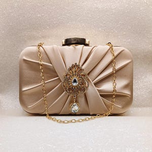 Stylish Champagne Satin Clutch Bag with Gold Hardware - Perfect for Brides or Bridesmaids