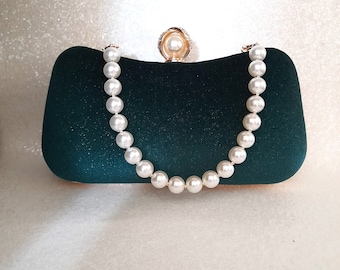 Emerald Green Velvet Clutch Bag With Pearl Handle