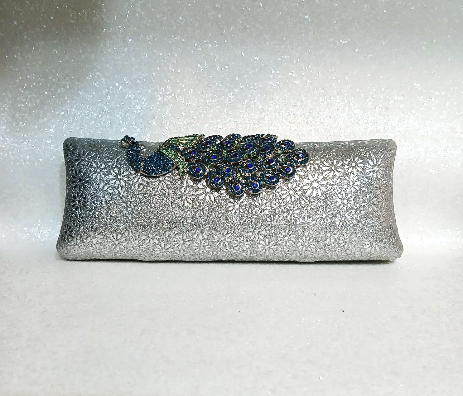Elegant Silver Peacock Evening Clutch Bag with Silver Hardware Perfect for Brides or Bridesmaids
