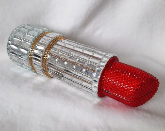 Swarovski Crystal Evening Clutch Bag,Shiny Lipstick  Handbag,Luxurious Accessory For Formal Event