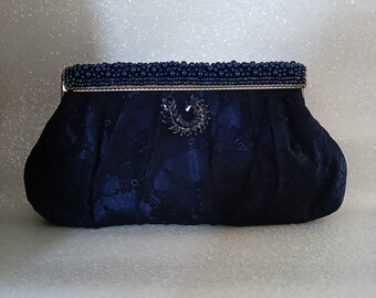 Vintage-Inspired Navy Blue Lace Bridal Clutch Bag,Evening Handbag With Pearls And Silver Hardware,Purse For Wedding