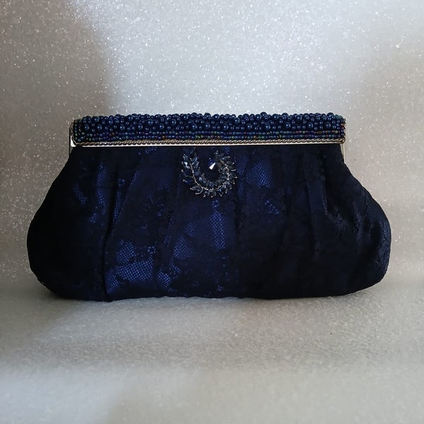 Vintage-Inspired Navy Blue Lace Bridal Clutch Bag,Evening Handbag With Pearls And Silver Hardware,Purse For Wedding