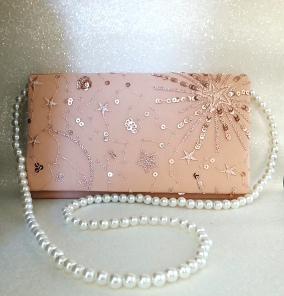 Celestial Ebroidered Blush Pink Evening Clutch Bag With Pearl Handle envelope Handbag With Stars for Bride or Bridesmaid Etsy