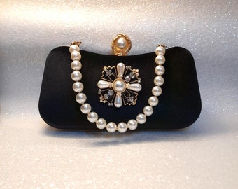 Vintage Style Black Velvet Clutch with Pearl Handle and Brooch Detail