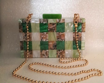 Stylish Green Acrylic Evening Clutch Bag with Geometric Detail - 2 Chic Handle Options