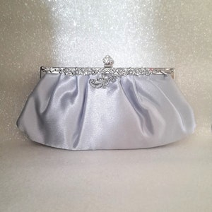 Glamorous Silver Grey Satin Evening Bag for Brides with Silver Hardware - Excellent For Wedding Or Formal Party