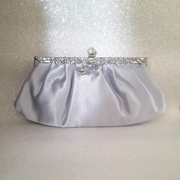 Glamorous Silver Grey Satin Evening Bag for Brides with Silver Hardware - Excellent For Wedding Or Formal Party