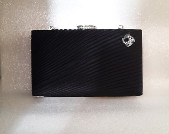 Chic Black Satin Clutch with Chain Handle - Ideal for Glam Nights Out