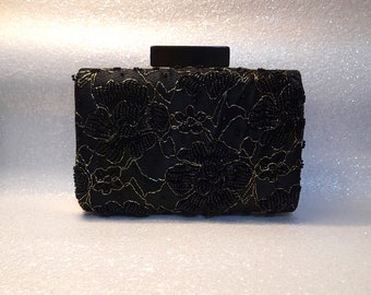 Embroidered Beaded Black Satin Clutch Bag: Evening Elegance