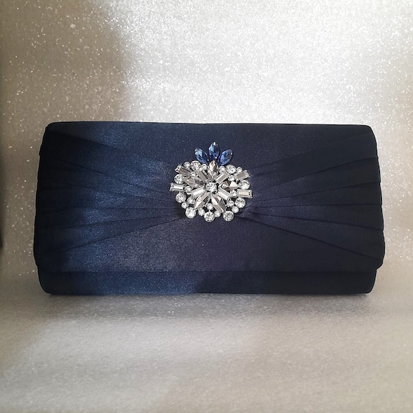 Envelope Navy Blue Evening Clutch Bag For Bride Or Bridesmaid,Satin Purse For Formal Event,Wedding Handbag With Long Handle