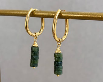 Gold Jade Drop Earrings Oval Rectangle Hoop Minimalist Mismatched Gemstone Jewelry