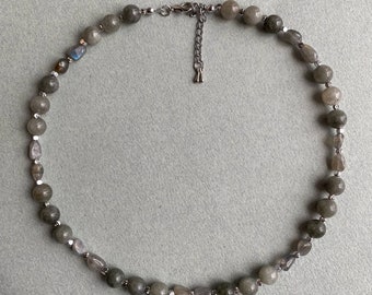 Labradorite Gemstone Necklace, Chakra Necklace, Sterling Silver Gray Necklace, Boho Natural Stone Necklace,Men Necklace, Labradorite Jewelry