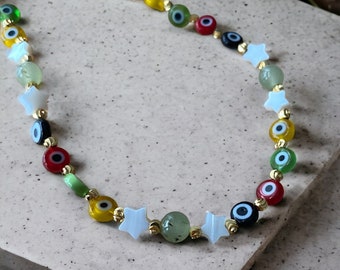 Gold Evil Eye Necklace, Red Evil Eye Necklace, Colorful Necklace, Protection Necklace, Glass Beaded Necklace, Star Necklace, Baby Jewelry