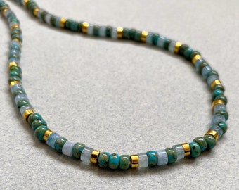 Turquoise Necklace, Beaded Bohemian Necklace, Seed Bead Necklace, Aquamarine Necklace, Minimalist Necklace, Dainty Necklace, Boho Necklace