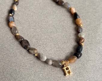 Brown Agate Beaded Necklace Gold Initial Charm Adjustable Chain