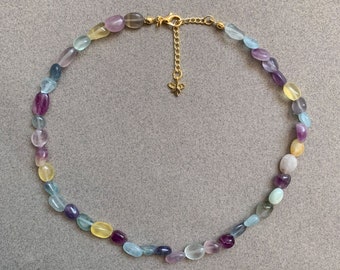 Natural Fluorite Multicolor Gemstone Necklace, Rainbow Choker, Colorful Necklace, Purple Necklace, Summer Necklace, Gift for Girlfriend