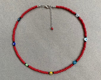 Red Beaded Necklace with Assorted Colorful Evil Eye Charms, Evil Eye Necklace, Handcrafted Boho Necklace, Seed Bead Necklace, Gift for Mom