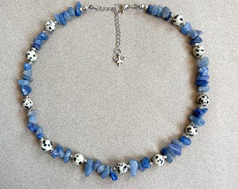 Blue Lapis Lazuli Chip Necklace, Natural Gemstone Healing Crystal Jewelry, Boho Statement Beaded Choker Gift, Dalmatian Jasper Necklace
