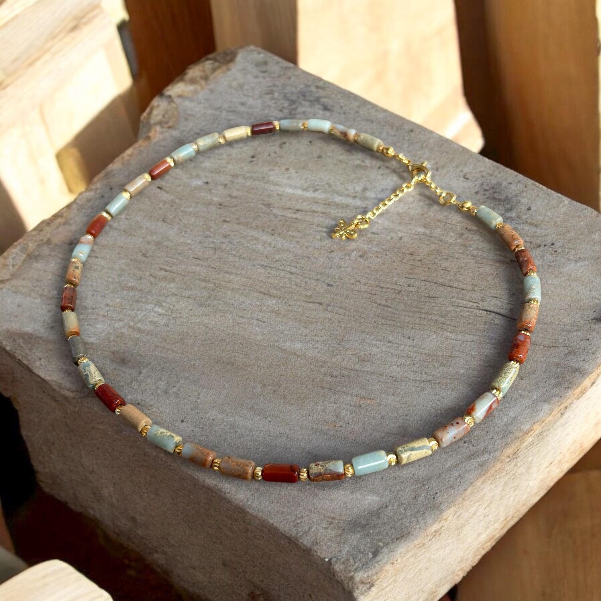 Collier Ethnique Bohème En Variscite Orange Marbré - Pierre Ovale - Monture Plaqué Argent - Longueur 56-60 Cm