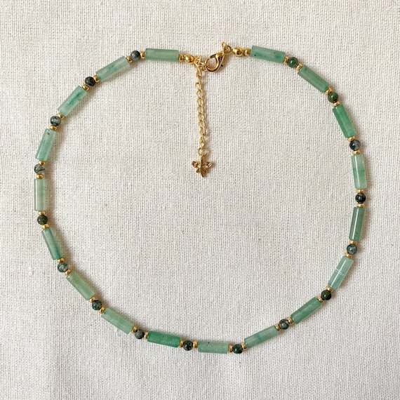 Green Gemstone Necklace, Green Aventurine Necklace, Gemstone Choker Necklace, Cylinder Necklace, Tiny Gemstone Necklace, Gift for Women