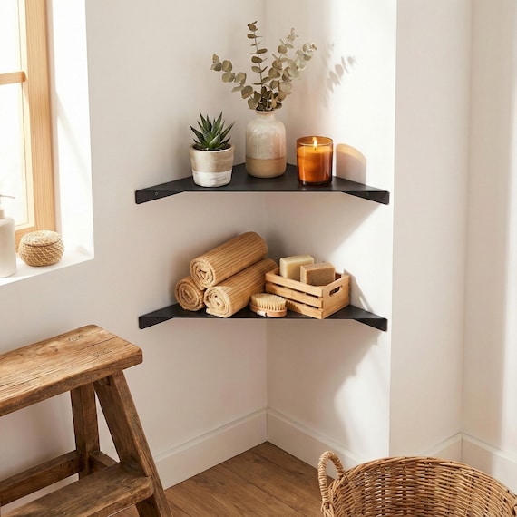 Set di 2 mensole angolari, 40 x 30 cm, montaggio a parete, in legno, per soggiorno, camera da letto, bagno, cucina, ufficio (noce scuro