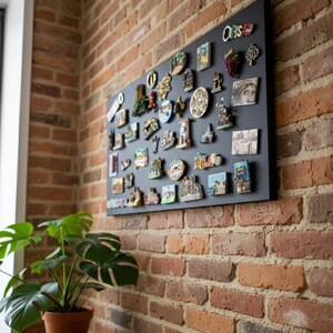 May include: A black magnetic board displaying numerous souvenir magnets against a red brick wall. The magnets depict various landmarks and objects. The word "ORIS" is visible on the board. A potted plant sits in the foreground.