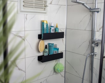 Estante de ducha negro minimalista, organizador de baño, almacenamiento de ducha colgante