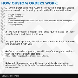 May include: White graphic with blue text that reads "HOW CUSTOM ORDERS WORK:" followed by a numbered list detailing the custom order process, including dimensions, quantity, and color options. The Etsy shop name "DoryenHouseware" is at the bottom.