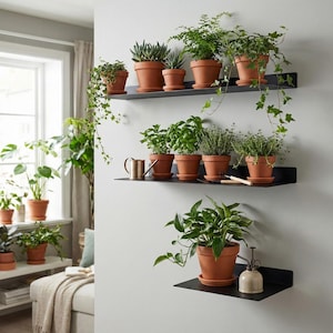 May include: A collection of potted plants displayed on black wall shelves. The terracotta pots hold various green plants, including succulents and herbs. A small watering can and spray bottle are also visible.