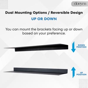 May include: A black shelf with dual mounting options, reversible design. The text "UP OR DOWN" is displayed. The shelf can be mounted facing up or down. The image shows the shelf in both positions with arrows indicating the direction.