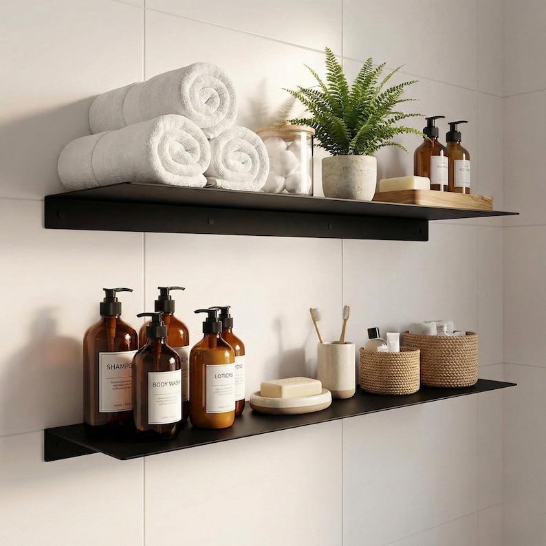 May include: Two black metal floating shelves against a white tiled wall. The top shelf holds rolled white towels, a potted fern, and amber bottles. The bottom shelf displays more amber bottles, soap, and woven baskets.