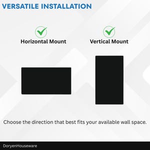 May include: Image showing two black rectangles, one horizontal and one vertical, with green checkmarks above them. Text reads "VERSATILE INSTALLATION" and "Horizontal Mount" and "Vertical Mount". The text "Choose the direction that best fits your available wall space" is also present.