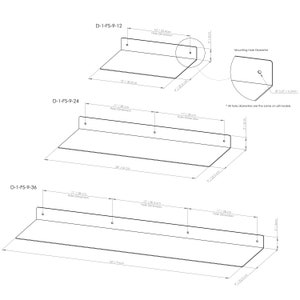 May include: Diagram of three metal floating shelves with dimensions. The shelves are labeled D-1-FS-9-12 (12"/30.5cm), D-1-FS-9-24 (24"/61cm), and D-1-FS-9-36 (36"/91cm). Each shelf is 9"/22.5cm deep and 2"/5cm high. Includes mounting hole details.