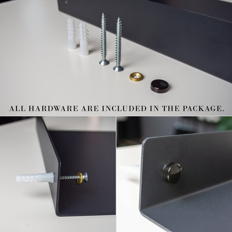 May include: Black metal shelf with included hardware, including screws, wall anchors, and decorative caps. The text "ALL HARDWARE ARE INCLUDED IN THE PACKAGE" is displayed. The shelf is shown in detail with hardware.