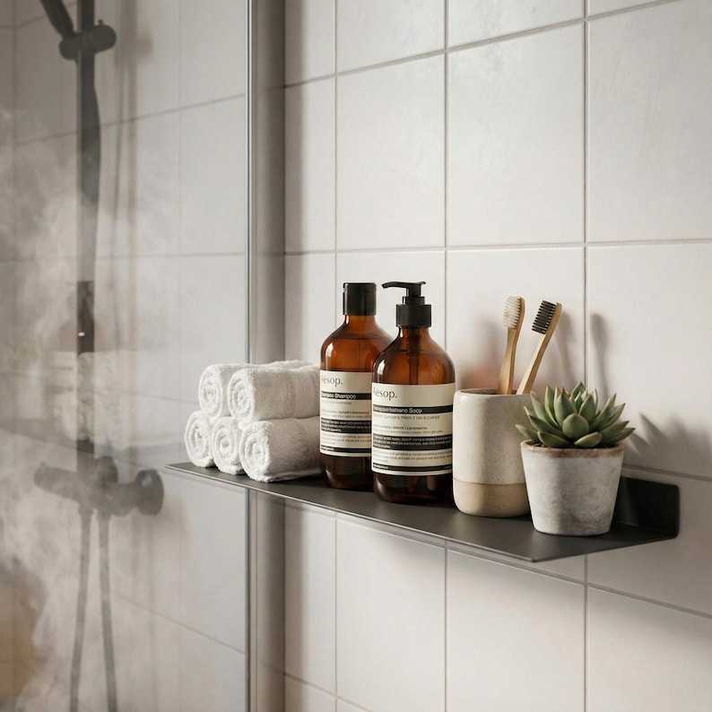 May include: A bathroom shelf displays rolled white towels, brown glass bottles of soap and shampoo, a ceramic cup with toothbrushes, and a small potted succulent. The shelf is mounted on a white tiled wall.