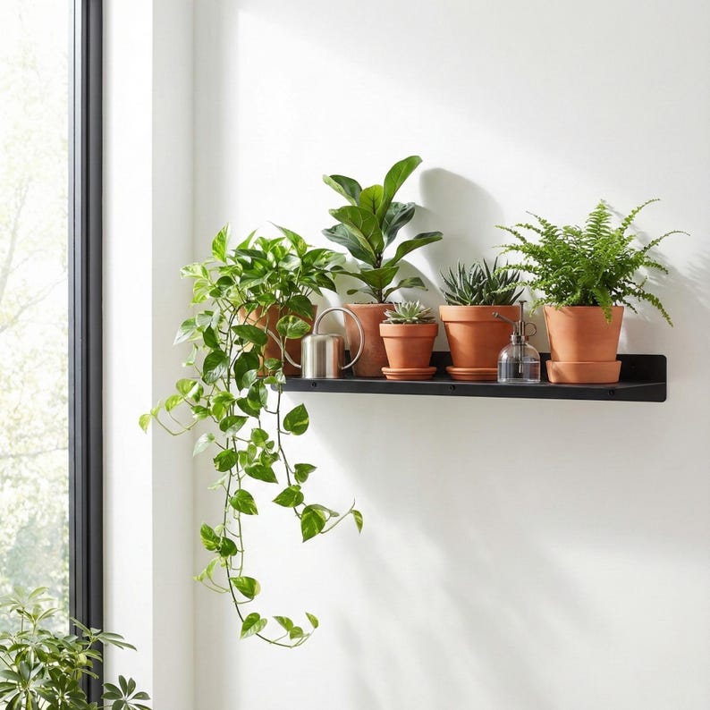 May include: A black metal shelf displays a collection of potted plants against a white wall. The plants include a variety of green foliage, such as ferns and trailing vines, in terracotta pots. A small metal watering can and a glass mister are also on the shelf.