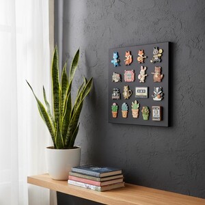 May include: A black magnetic board displaying a collection of colorful, cartoon-style magnets. The magnets feature various animals, plants, and objects. A snake plant in a white pot sits on a wooden shelf with a stack of books.