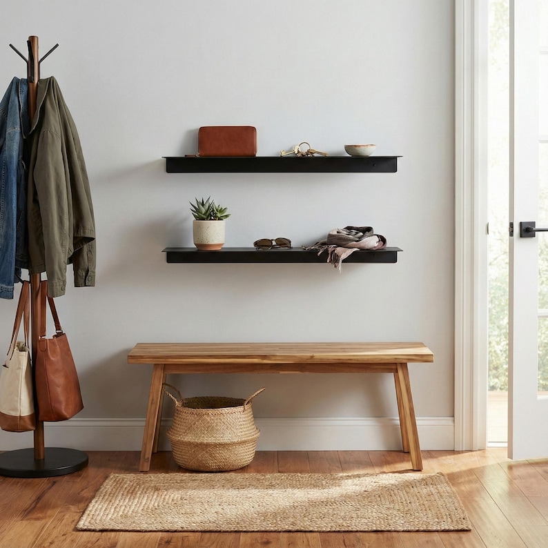 May include: A modern entryway scene featuring a wooden bench, black shelves, and a coat rack. The shelves display a wallet, keys, a small bowl, sunglasses, and a plant. A woven basket and a rug complete the decor.