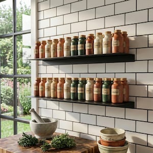 May include: A collection of spice jars with cork lids, arranged on black shelves against a white brick wall. The jars are labeled with various spice names. The scene is set in a kitchen with natural light.
