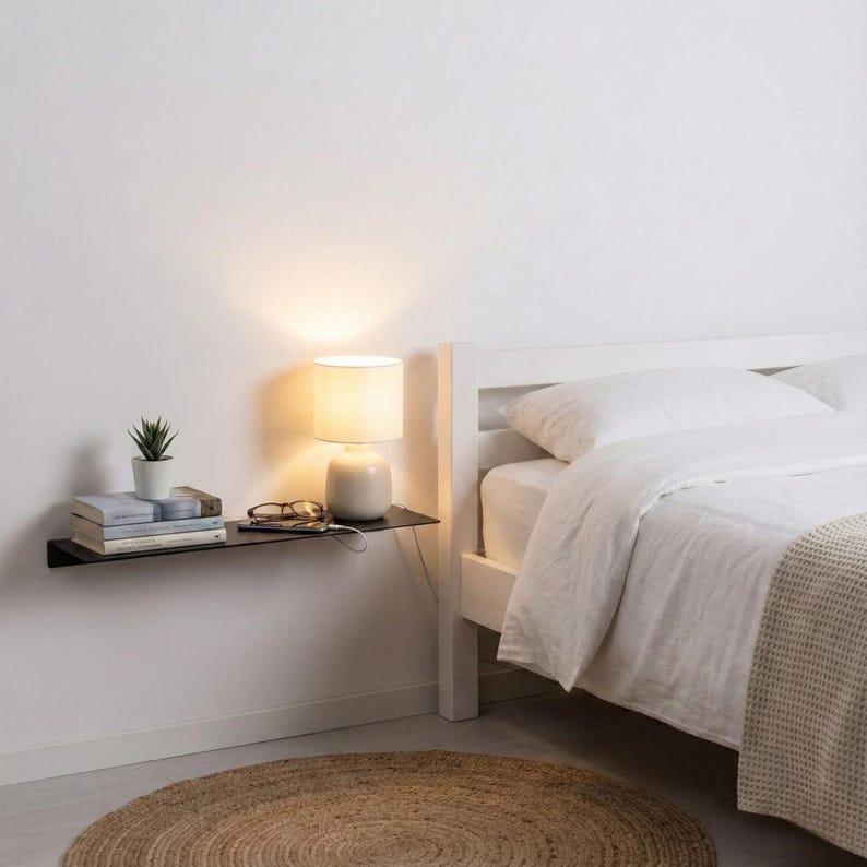 May include: A modern bedroom scene featuring a black floating shelf with a small potted plant, books, and a charging phone. A cream-colored lamp sits on the shelf, illuminating the items. A white bed with white linens and a woven rug complete the minimalist decor.