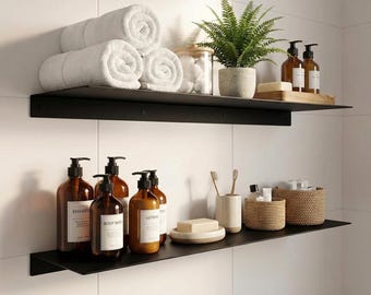 Black Metal Bathroom Shelf, Wall Mounted Toiletries Organizer, Modern Floating Skincare Display