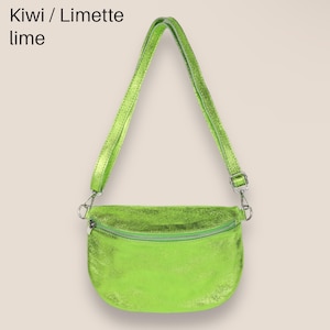 May include: A lime green leather crossbody bag with a silver zipper and strap. "Kiwi / Limette lime" is written above the bag.