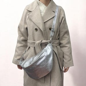 Bauchtasche groß, große Umhängetasche, XL Crossbody Bag, Gürteltasche, große Tasche, Ledertasche Damen,Weihnachtsgeschenke für frauen,Silber