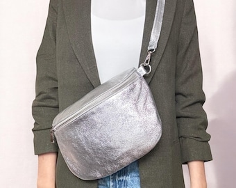 Metallic Crossbody Bag, Leather Crossbody Bag, Women's Fanny Pack, Christmas Gift, Leather Shoulder Bag, Metallic, Women's Belt Bag, L