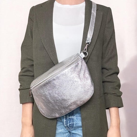 Crossbody Bag Metallic, Crossbag Leder, Bauchtasche damen,Weihnachtsgeschenk, Leder Umhängetasche, metallic, Gürteltasche damen, L