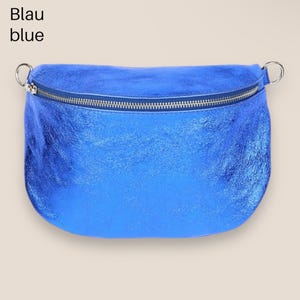 May include: A bright blue metallic fanny pack with a silver zipper. The bag has a curved shape and a silver buckle on each side.