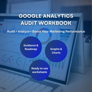 Może przedstawiać: Ekran laptopa wyświetlający Google Analytics Audit Workbook. Ekran pokazuje wykresy, tabele i wizualizacje danych. Tekst zawiera "Audit, Analyze, Boost Your Marketing Performance" oraz "Guidance & Roadmap", "Graphs & Charts" i "Ready to use worksheets."