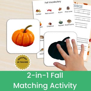 Könnte beinhalten: Ein 2-in-1 Herbst-Zuordnungsspiel mit Lernblättern zu herbstlichem Vokabular wie Kastanie, Eichel und Tannenzapfen sowie quadratischen Karten, die einen leuchtend orangefarbenen Kürbis und eine schwarze Kürbissilhouette zeigen.