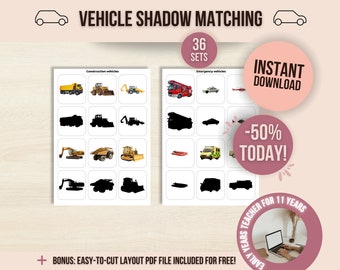 Vehicle Picture Matching Cards, Diggers Matching Game, Shadow Matching, Toddler Preschool Activity